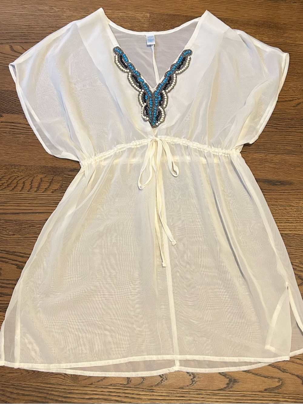 Women’s Cream Sheer Swim Cover-Up with Beaded V-Neck 205
